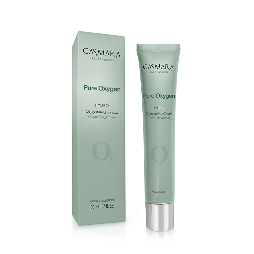 Casmara Pure Oxygen Hydro Cellular Cream shown with its matching light sage green packaging box and squeeze tube on a plain white background.